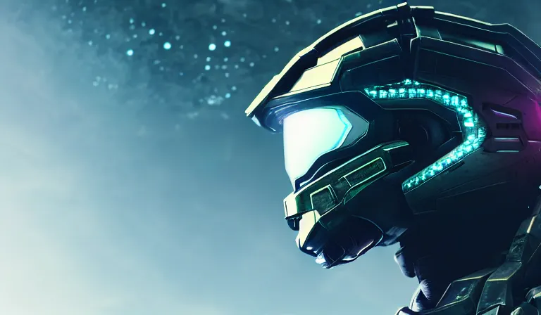 Image similar to cyberpunk halo helmet on space looking up, close shot, reflection, epic, dramatic, cinematic, award winning, ultra detailed, realistic, 8k,