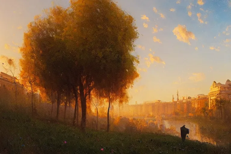 Image similar to a beautiful oil painting of bucharest with impressionist in a serene landscape above with a horizon line in the upper third by john howe and albert bierstadt and alena aenami and dan mumford and dave noton, unreal engine, trending on behance