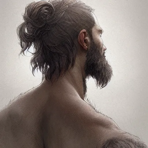 Image similar to back portrait of a rugged ranger, full body, hairy torso, half up half down, D&D, fantasy, intricate, elegant, highly detailed, digital painting, artstation, concept art, matte, sharp focus, illustration, art by Artgerm and Greg Rutkowski and Alphonse Mucha