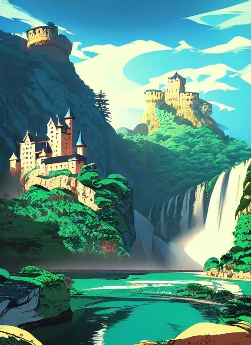 Prompt: magical castle, waterfall, river, mountain, scenery wallpaper aesthetic, beautiful, cinematic, dramatic, super detailed and intricate, hyper realistic, by koson ohara, by darwyn cooke