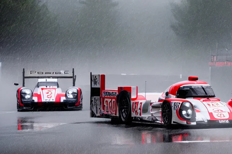 Image similar to beautiful, japanese japanese art art of the porsche 9 1 9 in heavy rain at circuit de spa - francorchamps, 8 k