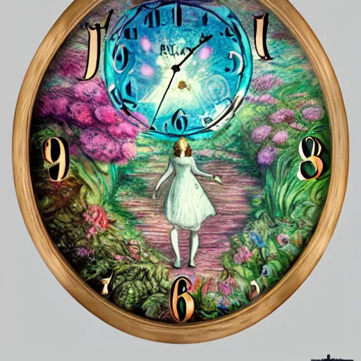 Prompt: Alice in Wonderland,Clock,Rose twining,out of time and space,dreamy, eternity, romantic, epic, artstation, highly detailed, in the style of Monet