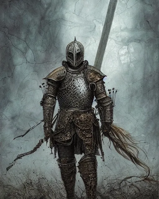 Image similar to a hyper realistic painting of a knight in armor made out of rotting metal, pale colors, fog, dark fantasy, cinematic lighting, nighttime, by rebecca guay