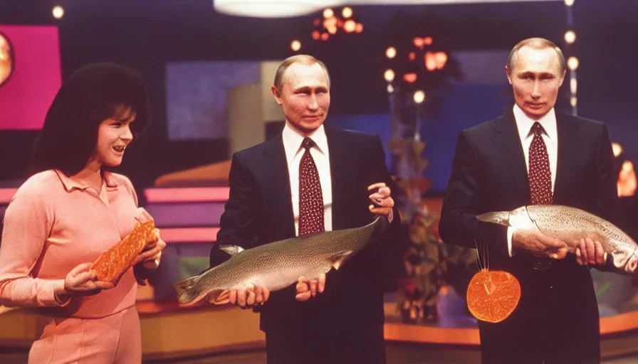 Image similar to 7 0 s movie still of putin in game show, proudly holding a salmon. cinestill 8 0 0 t _ 3 5 mm eastmancolor, heavy grain, high quality, high detail