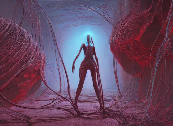 Prompt: rgb, woman, alien city, on an alien planet, movie scene, inspired by zdzislaw beksinski, clothes made out of veins,, cables everywhere, bedroom, ultra realistic, concept art, intricate details, highly detailed, photorealistic, octane render, 8 k