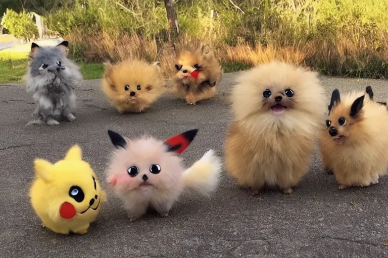 Image similar to real life pokemons, cute!!!, content!!!, mischievous!!!, adorable!!!, little furballs, fluffy!!!, ultra realistic!!!, golden hour, sharp focus