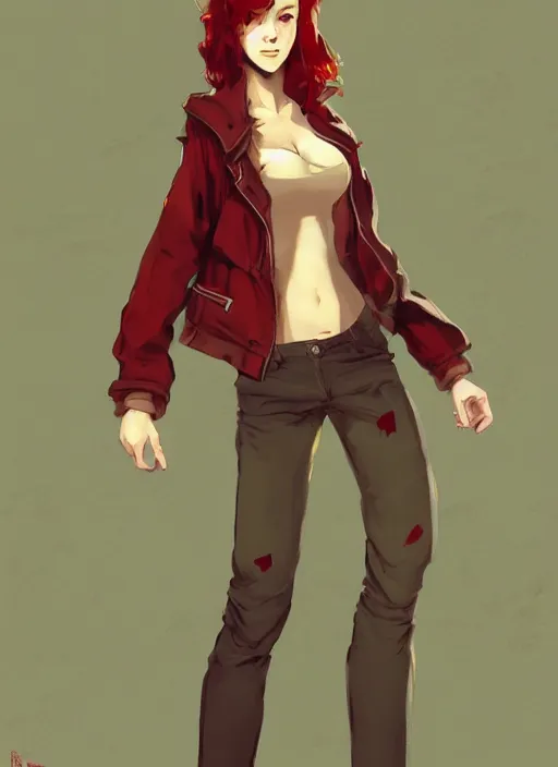 Image similar to full - body shot of an attractive tomboy girl with long, crimson red hair and red eyes, wearing a brown, open jacket and green jeans with a stern look, concept art, character design, by wlop, by ross draws, by tomine, by satoshi kon, by rolf armstrong, by peter andrew jones, beksinski