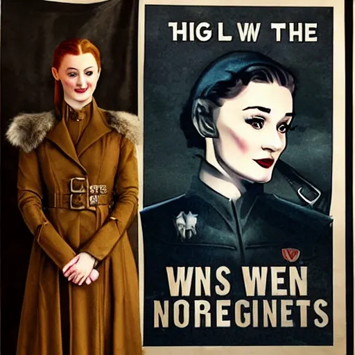 Image similar to sansa stark on northern recruitment poster, wwii propaganda style, game of thrones, high detail