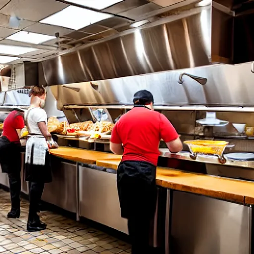 Image similar to busy wafflehouse interior with customers eating breakfast and wafflehouse employees serving food and cooking behind countertop