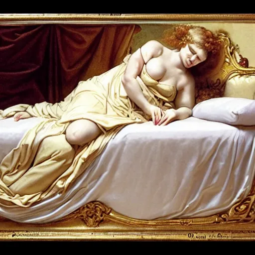 Image similar to by charles le brun, by greg land balmy. a kinetic sculpture of a woman reclining on a bed.