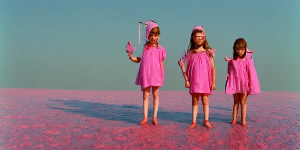 Prompt: 3 5 mm photography of kids wearing a codex seraphinianus costume in a pink lake h 1 2 0 0