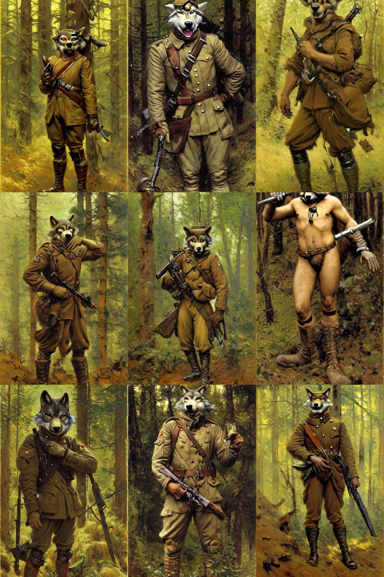 Prompt: anthropomorphic furry wolf soldier in the forest during world war 1, character design, painting by gaston bussiere, craig mullins, j. c. leyendecker, tom of finland