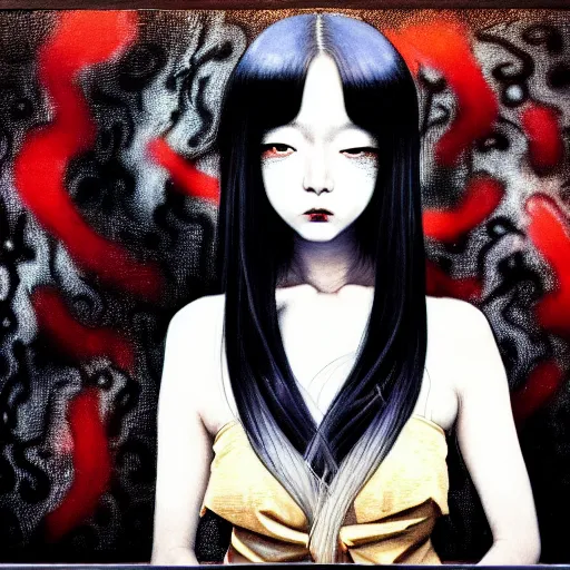 Image similar to yoshitaka amano blurred and dreamy realistic three quarter angle portrait of a woman with long white hair, black eyes and black lipstick wearing dress suit with tie, junji ito abstract patterns in the background, satoshi kon anime, noisy film grain effect, highly detailed, renaissance oil painting, weird portrait angle, blurred lost edges