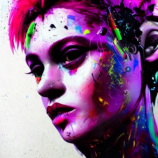 Image similar to splashes of neon, mowhawk, punk women portrait made out of paint, trending on artstation, epic composition, emotional, beautiful, rendered in octane, highly detailed, realistic, tim burton comic book art, sharp focus, unreal engine