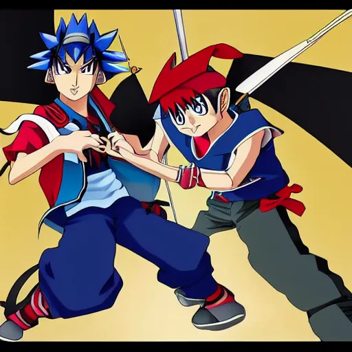 Image similar to ash ketchum dueling yugi moto, anime, highly detailed