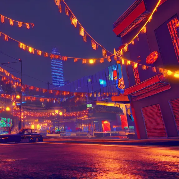 Image similar to Downtown Mexico, string lights, colorful lighting, night, realism, intricate abstract, ((gta 5 screenshot house)), by Tooth Wu, by Lienzo Óleo Paisaje, by Greg Rutkowski