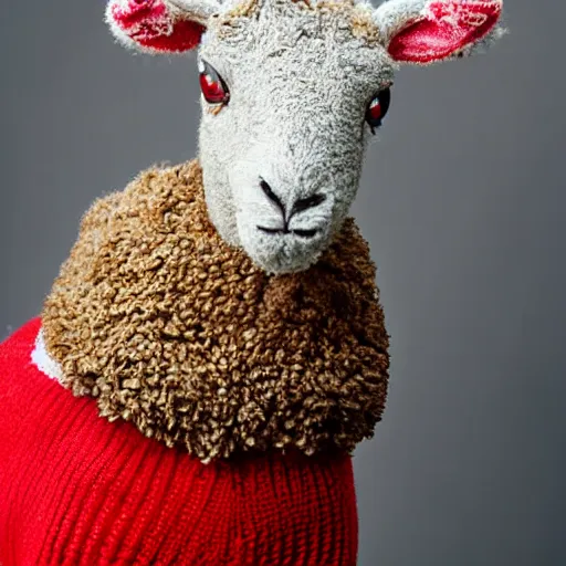 Prompt: bipedal lamb wearing a sweater, portrait photo, movie still,