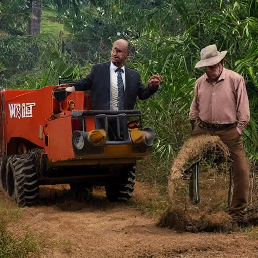 Prompt: a preacher with short cropped hair and a widows peak driving a small red bulldozer through the jungle while a wolfman runs along beside him