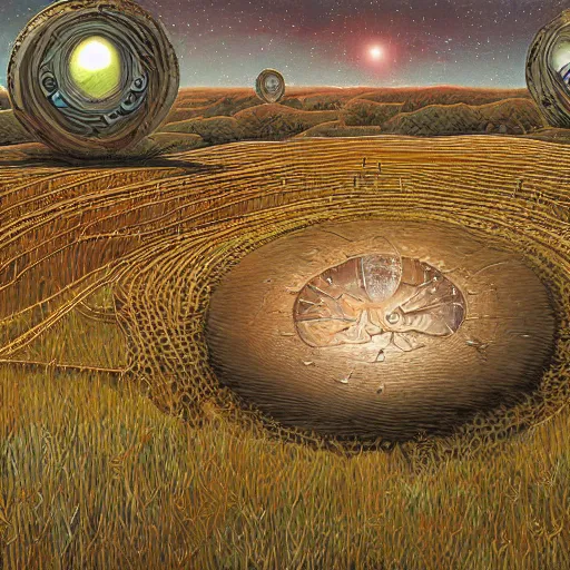 Prompt: crop circles, ufos, alien abductions, alien contact, by tomasz alen kopera and daniel lieske and simon stahlenhag