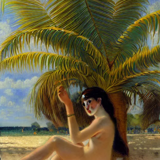 Image similar to a ultradetailed beautiful painting of a girl in the amazonas palace designed by jules bastien - lepage, hans belmer, frank weston and gustave baumann, beach, trending on artstation, mediterranean, palm trees, light sparkles, sharp focus, soft light, 8 k 4 k