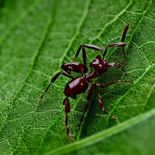 Image similar to robotic ant on a green leaf, macro photography, 8 k, moody lighting, shallow depth of field,