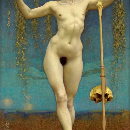 Prompt: masterpiece full body of a goddess in the cosmos with a human skull in one hand and a staff of wheat in the other, by Edgar Maxence and Ross Tran and Michael Whelan and Gustav Klimpt