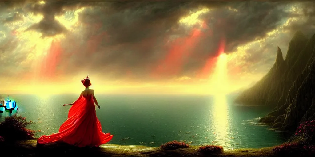 Prompt: an elegant fairy queen in a red lace dress dancing looking out at a lord of the rings scenery landscape, staring across the sea at a sail boat, sunrise, god's rays highly detailed, vivid colour, soft clouds, floral sunset, cinematic lighting, perfect composition, gustave dore, derek zabrocki, greg rutkowski, belsinski