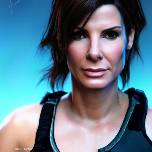 Image similar to hyperrealist portrait of sandra bullock as jill valentine. fantasy art, photo realistic, dynamic lighting, artstation, poster, volumetric lighting, very detailed faces, 4 k, award winning