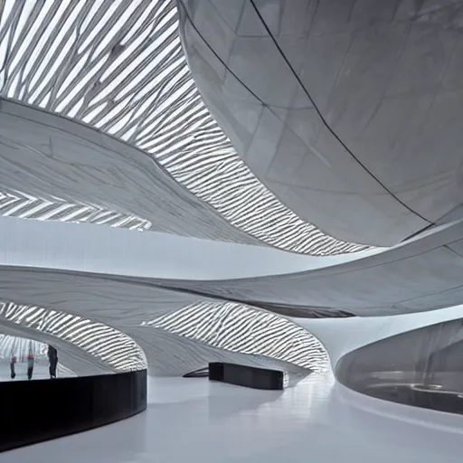 Prompt: extremely detailed stunning beautiful futuristic museum interior by Zaha Hadid, smooth curvilinear dragonfly wings pattern