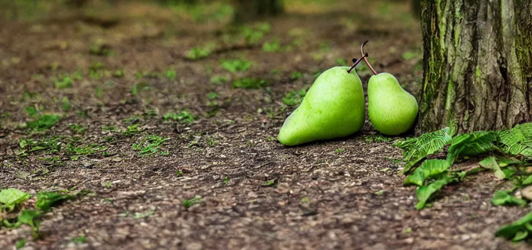 Image similar to a cute green pear animal walking in front of a forest, and looking at the camera; pear skin; nature photography