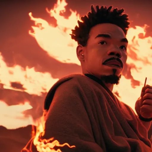 Image similar to cinematic film still of Chance The Rapper starring as a Samurai holding fire, Japanese CGI, VFX, 2022, 40mm lens, shallow depth of field, film photography