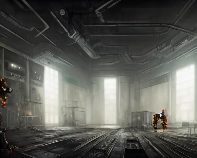 Image similar to gloomy ruined server room in datacenter robot painting concept art of automata orange robot knight colossus welder pacing mono eyed, sharp focus, emitting diodes, smoke, artillery, sparks, racks, motherboard, by pascal blanche rutkowski repin artstation hyperrealism detailed matte painting, 4 k resolution blade runner