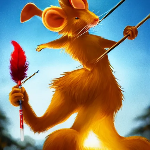 Image similar to anthropomorphic Rat with a filigran golden diadem that has a red feather sticking out from it, in an action pose, with epee in hand, sunset lighting, trending on Artstation