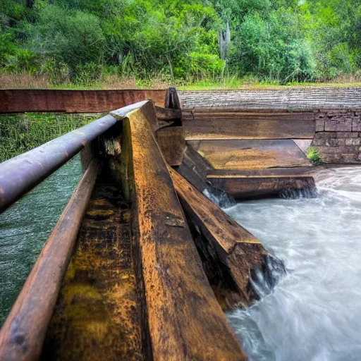 Image similar to old wooden gold sluice, beautiful view, artistic look, high details, water flowing