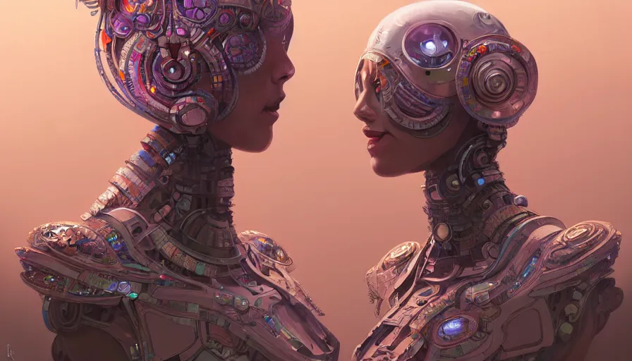 Image similar to Character design of a scifi psychedelic robot shaman, symmetrical, center punched, Archviz, elegant, intricate, digital painting, artstation, concept art, smooth, sharp focus, illustration, art by artgerm and greg rutkowski and alphonse mucha