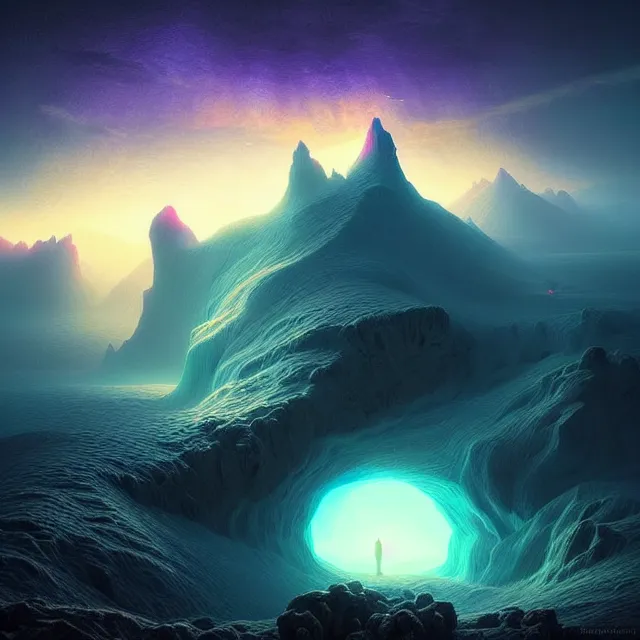 Image similar to fantasy aerial iceland landscape in the form of the human eye!!!!!, volumetric lighting, colorful, sharp and focus, ultra detailed, beautifully lit landscape, astrophotography, in the art style of dan mumford, ivan aivazovsky and marc simonetti