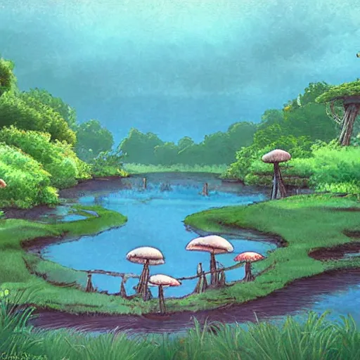 Prompt: a beautiful lake with cute little mushrooms growing around it, fantasy art, 2 d, by studio ghibli