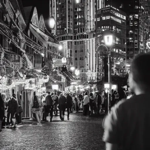 Image similar to glowing diverse groups of humans city nights, from behind, wide angle, elaborate, highly detailed, beautiful lighting