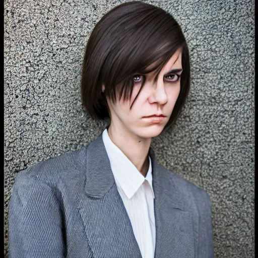 Prompt: hyperdetailed photo of a serious mocking androgynous woman with light eyes in a cybercity, wearing fashion suit, inside berghain, classic, photo 3 5 mm leica, hyperdetail, 8 k, very detailed, fine face