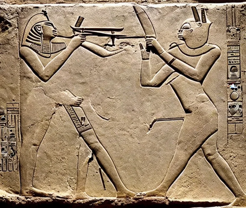 Image similar to ancient egyptian relief of a man shooting a bolt action rifle