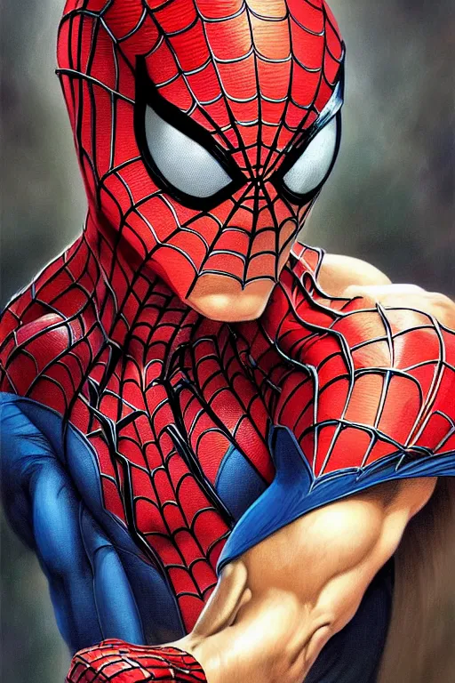 Image similar to portrait of a young spiderman handsome but joyful anthropomorphic parrot, male, masculine, upper body, red hair, long hair, d & d, fantasy, fierce, sharp features, intricate, elegant, highly detailed, digital painting, artstation, concept art, matte, sharp focus, illustration, art by artgerm and greg rutkowski and alphonse mucha