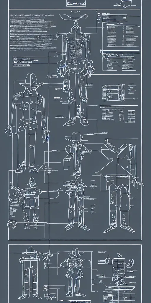 Prompt: robotic cowboy, blueprint, plans, infographic, poster, westworld, year 1850