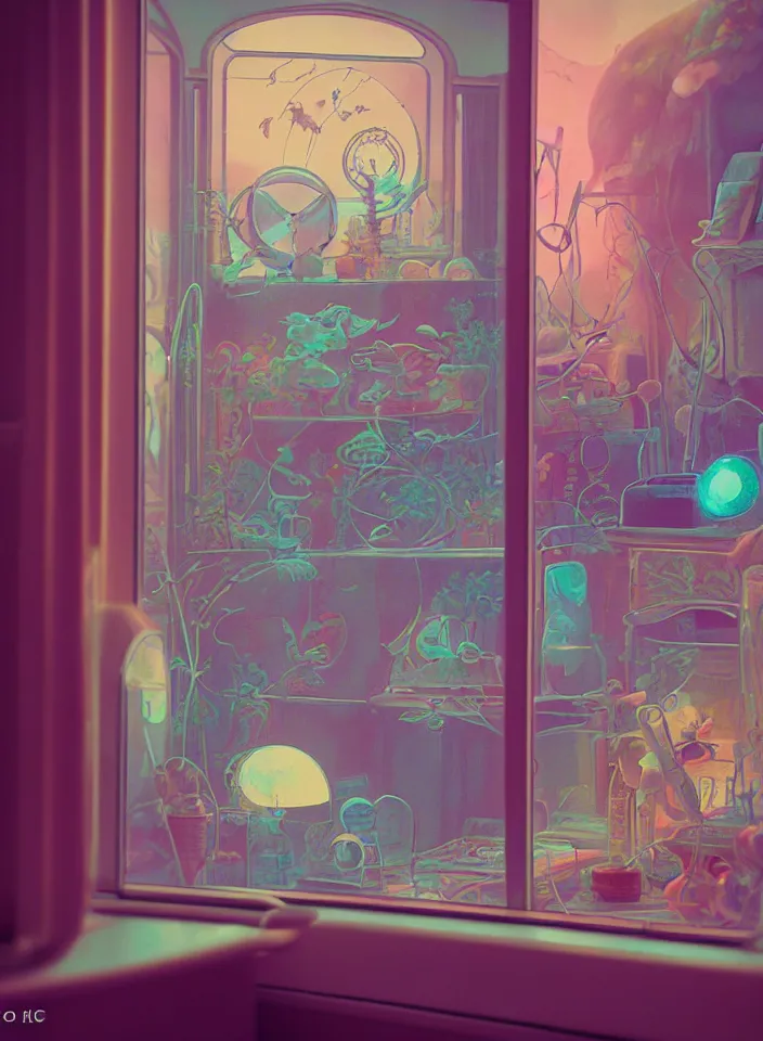 Image similar to telephoto 7 0 mm f / 2. 8 iso 2 0 0 photograph depicting the feeling of chrysalism in a cosy safe cluttered french sci - fi ( ( art nouveau ) ) cyberpunk apartment in a pastel dreamstate art cinema style. ( cat ) ( ( fish tank ) ), ambient light.