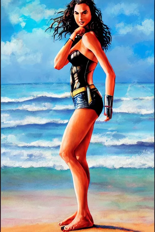 Image similar to full body illustration of gal gadot on the beach in the style of steve hanks, 4 k, detailed, 1 / 3 headroom, rule of thirds