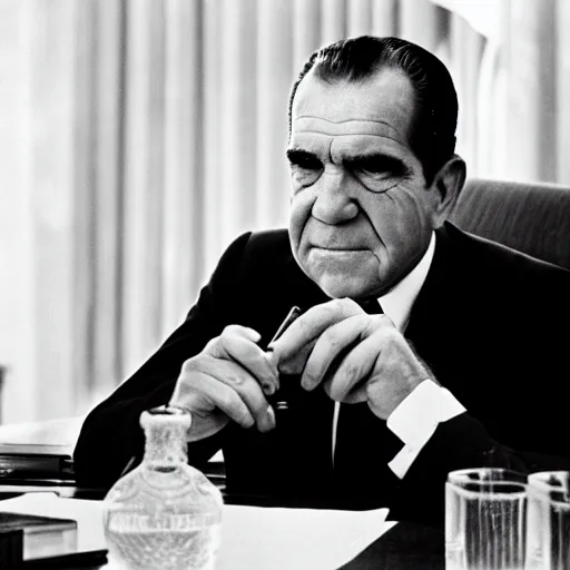 Image similar to Sad Richard Nixon drinking a bottle of vodka in the oval office, historical photo