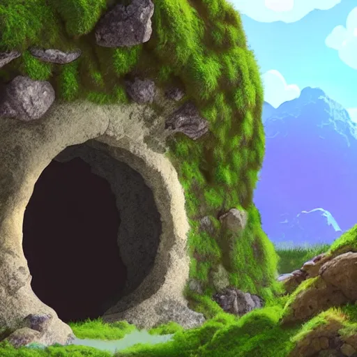 Image similar to round circular evil cave entrance from outside in center frame covered in moss and rocks, large boulders matte painting studio ghibli