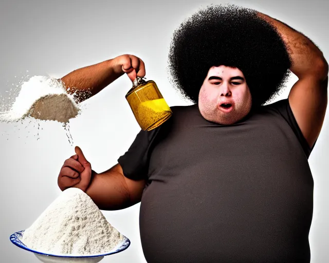 Image similar to Obese man with an afro eating as much flour and oil humanly possible, he weighs 900000000 pounds and is drinking oil from a pitcher