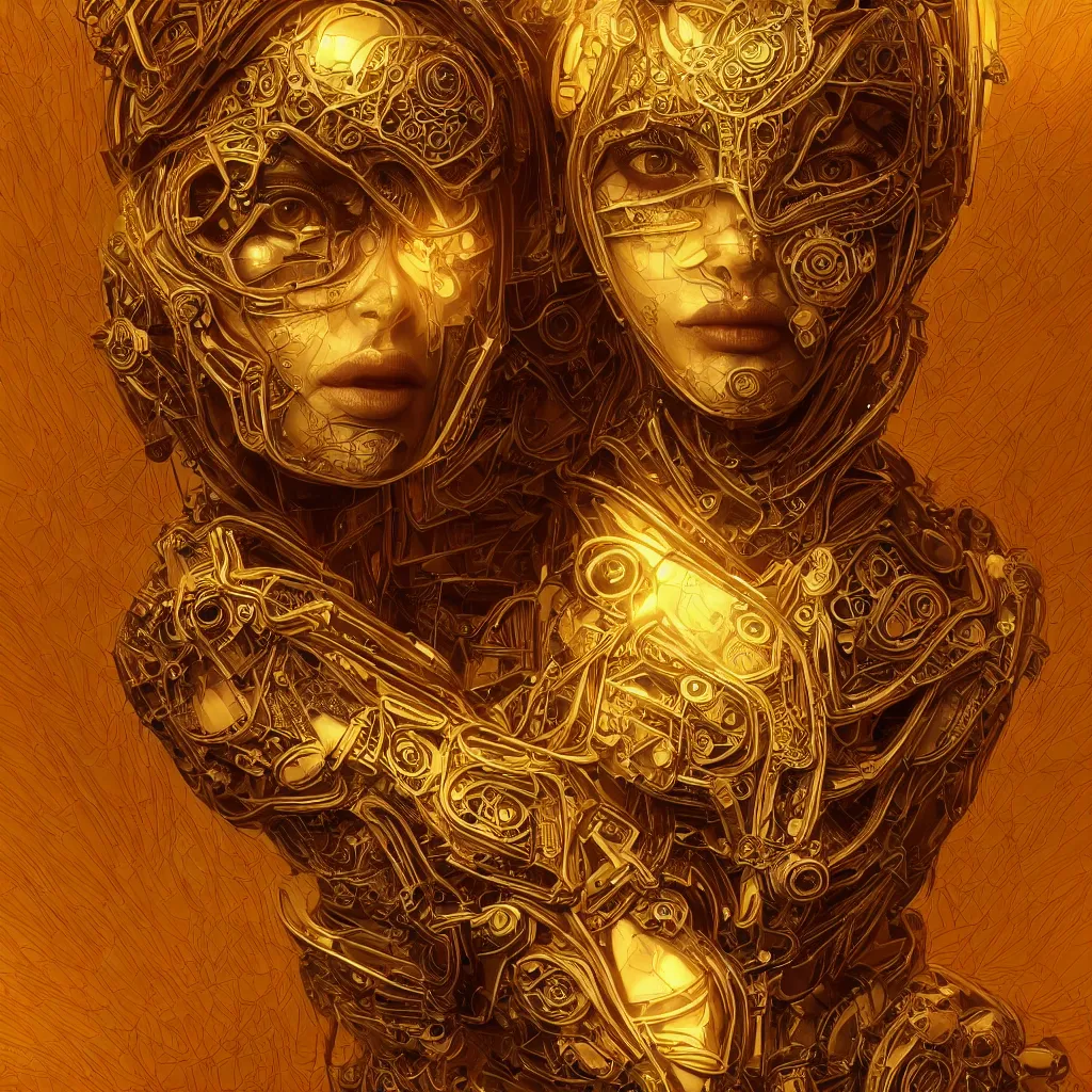 Prompt: singular beautiful symmetrical close up head and shoulder face portrait android woman time machine axonometric mechanical fantasy intricate elegant highly detailed in volumetric void of latent space, golden turquoise steampunk, high contrast cinematic light, mystical shadows, digital painting, smooth, sharp focus, divine realm of gods, octane render, photographic, concept art, artist leonardo davinci, unreal engine 8 k