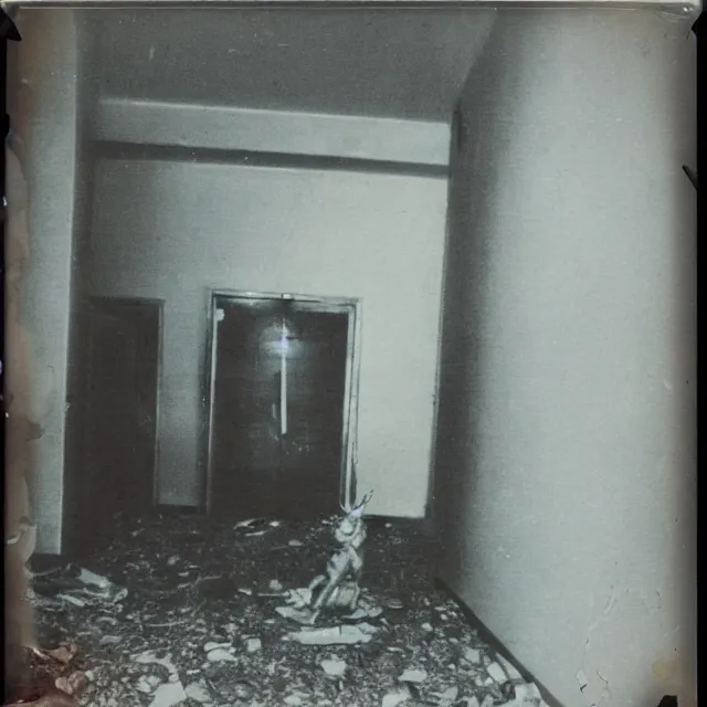 Image similar to found polaroid photo, flash, interior abandoned hospital, mutant creature standing