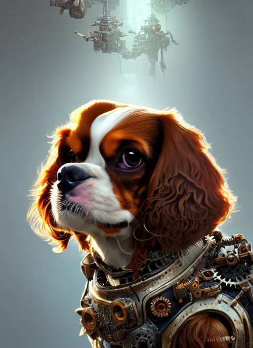 Prompt: portrait of a caviler king charles spaniel, robot steampunk, floral! horizon zero dawn machine, intricate, elegant, highly detailed, ray tracing, digital painting, artstation, concept art, smooth, sharp focus, illustration, art by artgerm and greg rutkowski and alphonse mucha, 8 k